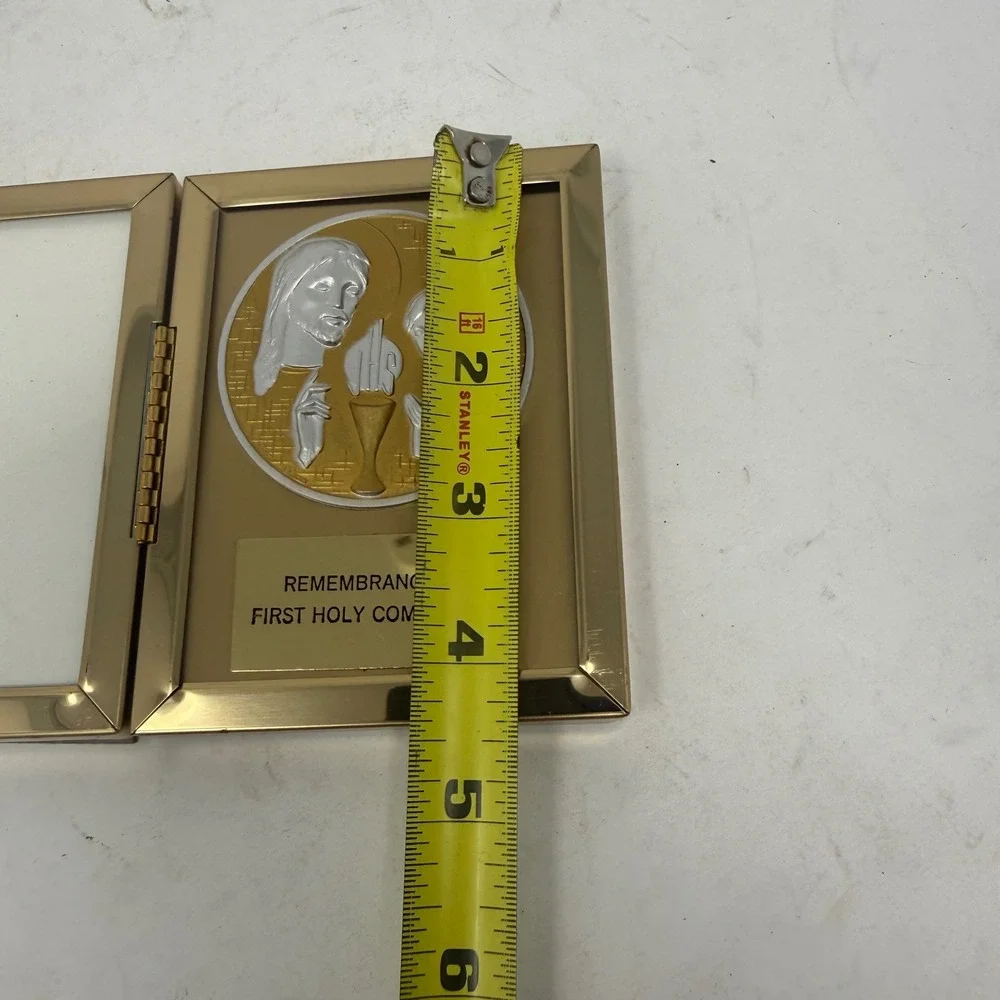 Vintage First Holy Communion Gold Tone Folding Picture Frame Religious Medallion